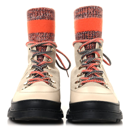 Chanel Calfskin Suede Calfskin Knit Womens Sock Lace Up Boots 39 Orange Dark Grey Ivory 3 of 8