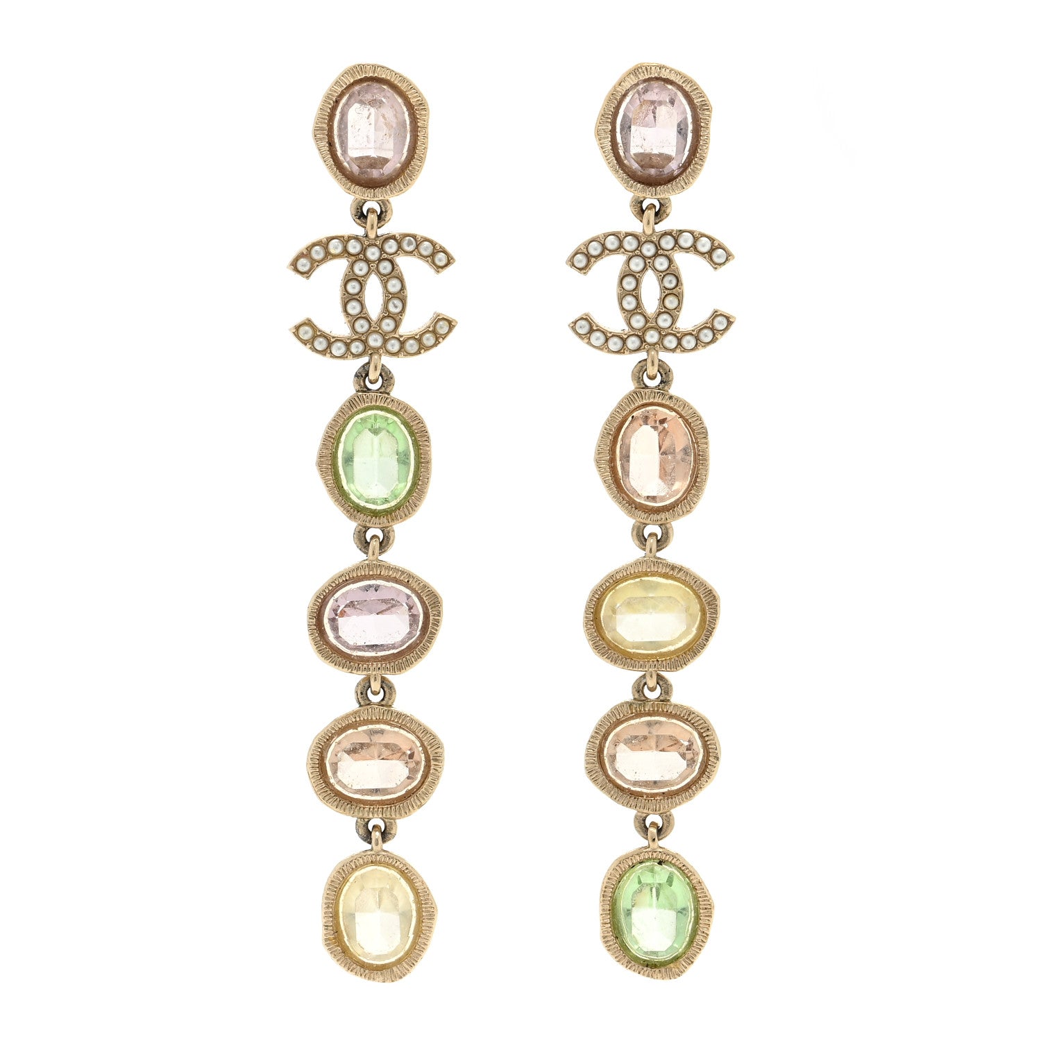Chanel Metal Glass Crystal Strass Pearl CC Drop Earrings Gold Multicolor Pearly White 1 of 4