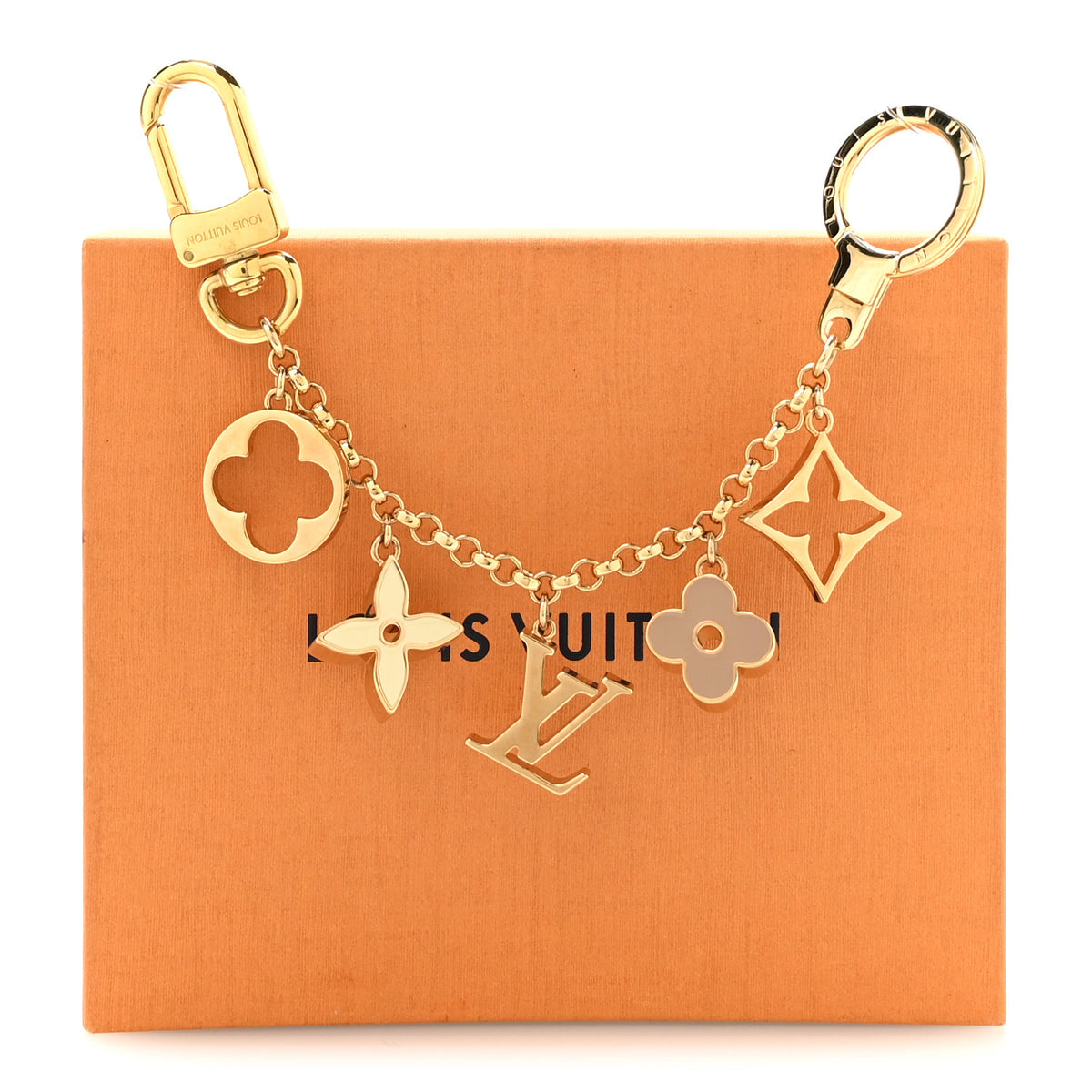 Brass Enamel Fleur De Monogram Bag Charm Chain Gold