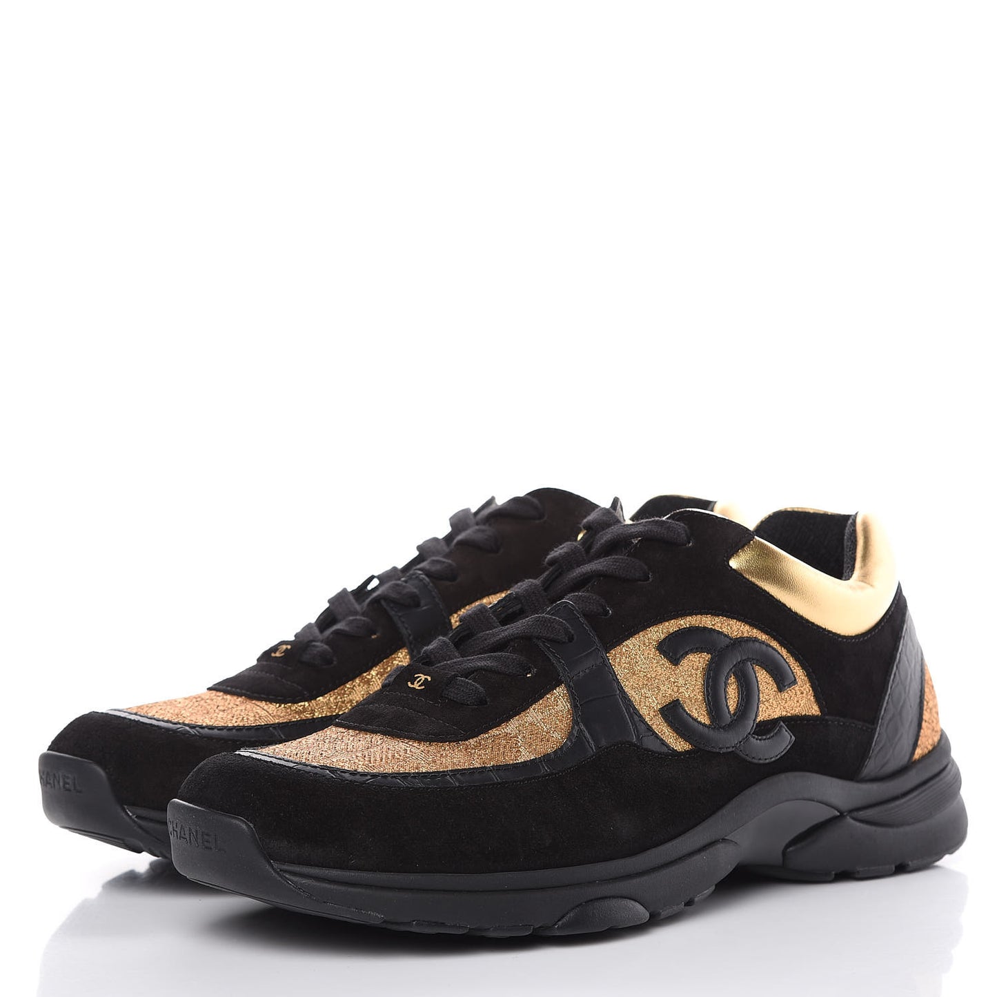 Kid Suede Croc Calfskin Embossed Metallic Fabric Mens Sneakers 46 Black Gold