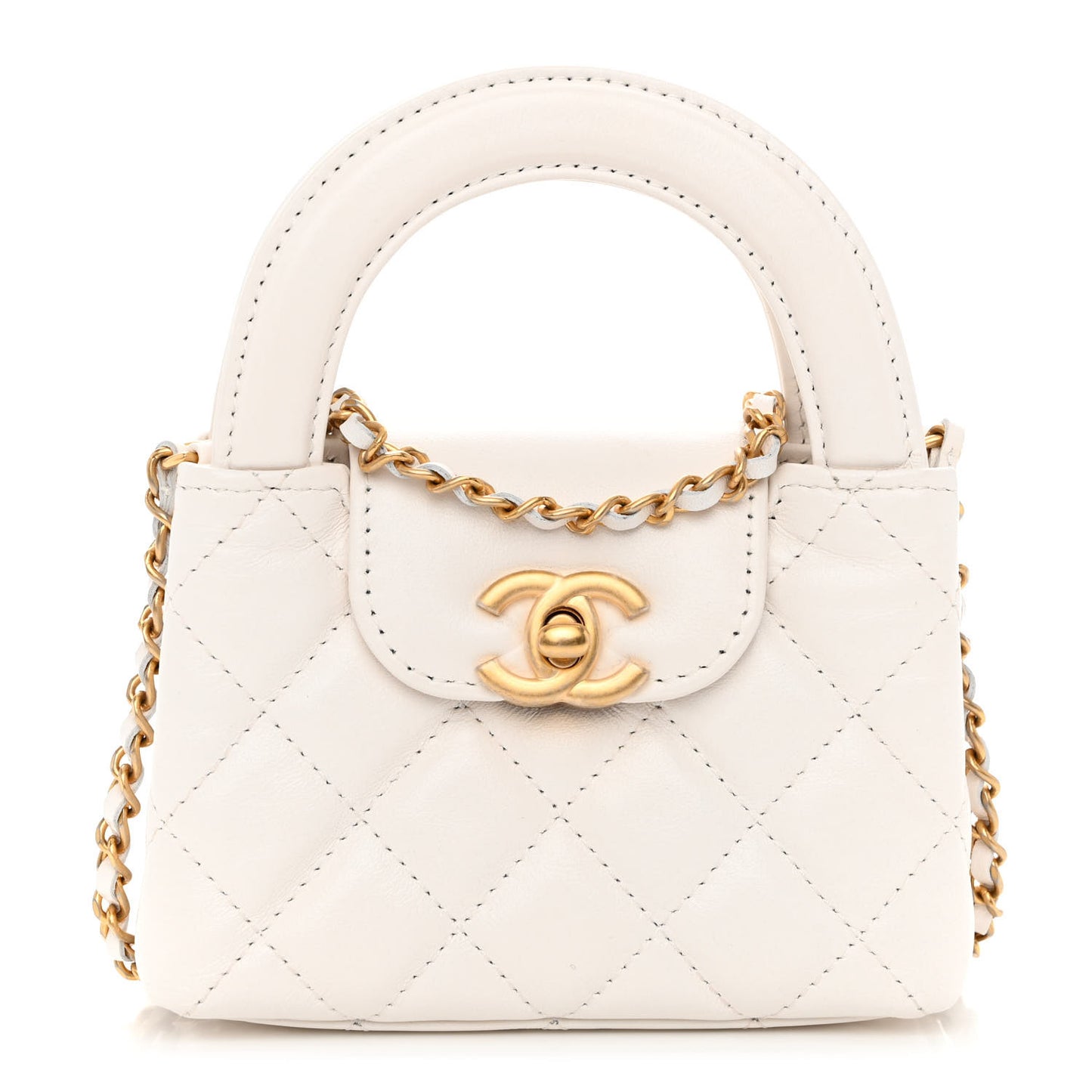 Shiny Aged Calfskin Quilted Mini Nano Kelly Shopper White