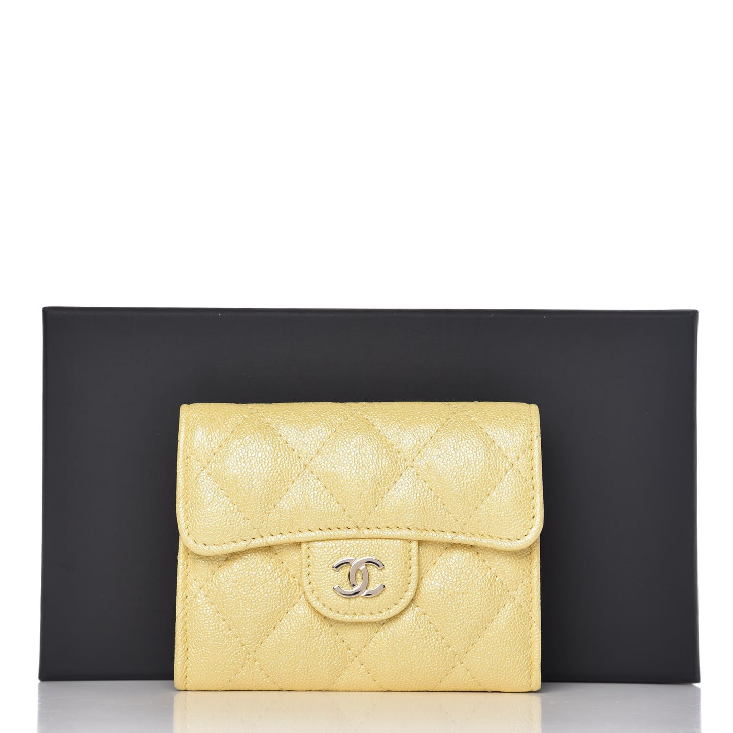 Iridescent Caviar Quilted Card Holder Wallet Yellow