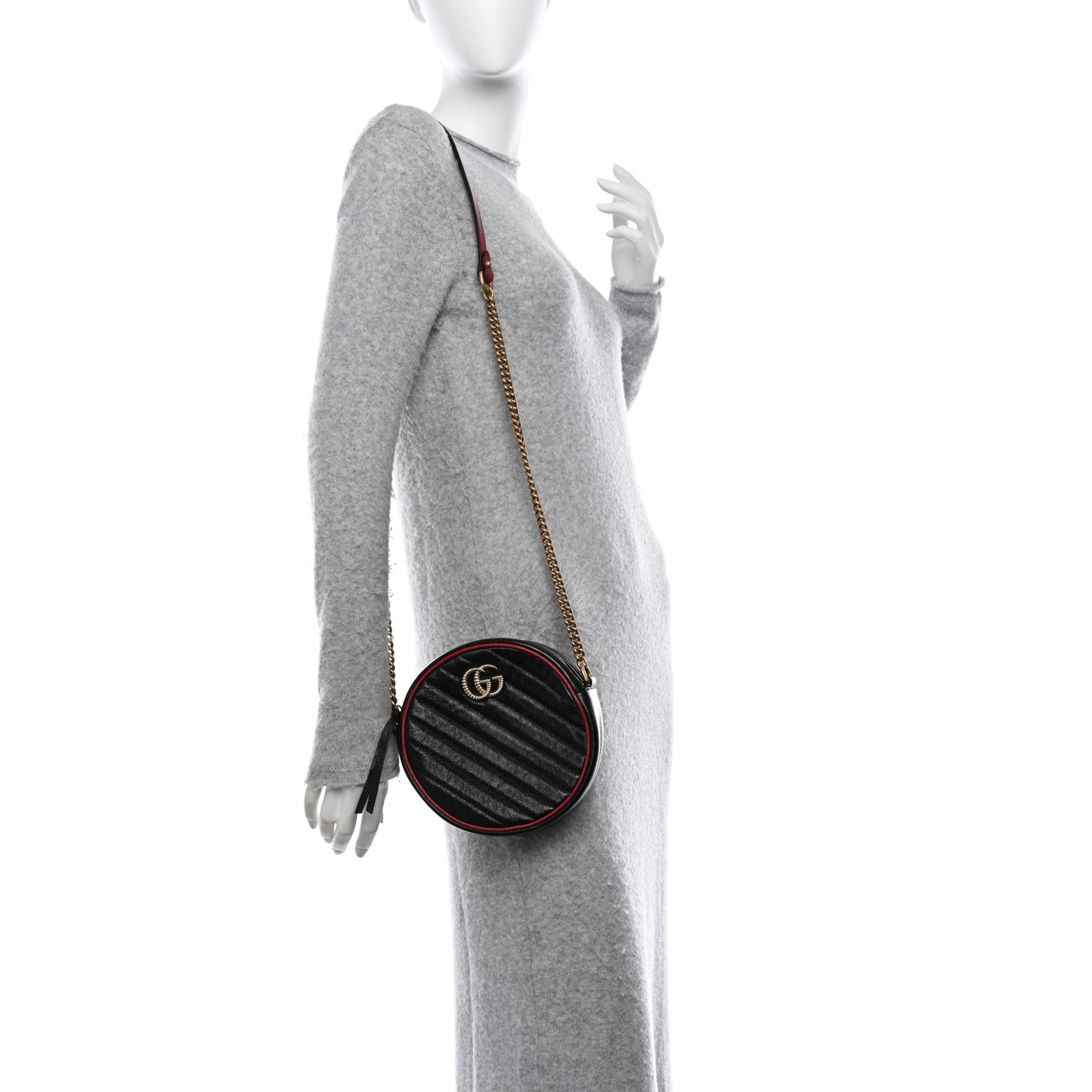 Vintage Effect Calfskin Matelasse Diagonal Mini Torchon GG Marmont Round Shoulder Bag Black Romantic Cherry