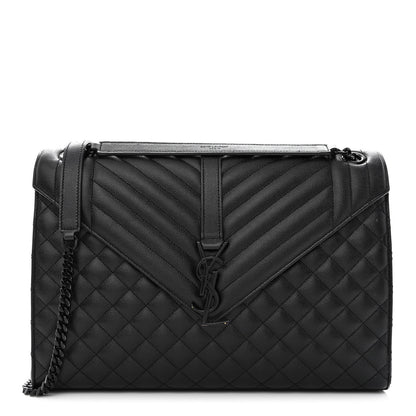Saint Laurent Grain De Poudre Textured Mixed Matelasse Large Triquilt Monogram Monochrome Satchel Black 1 of 12