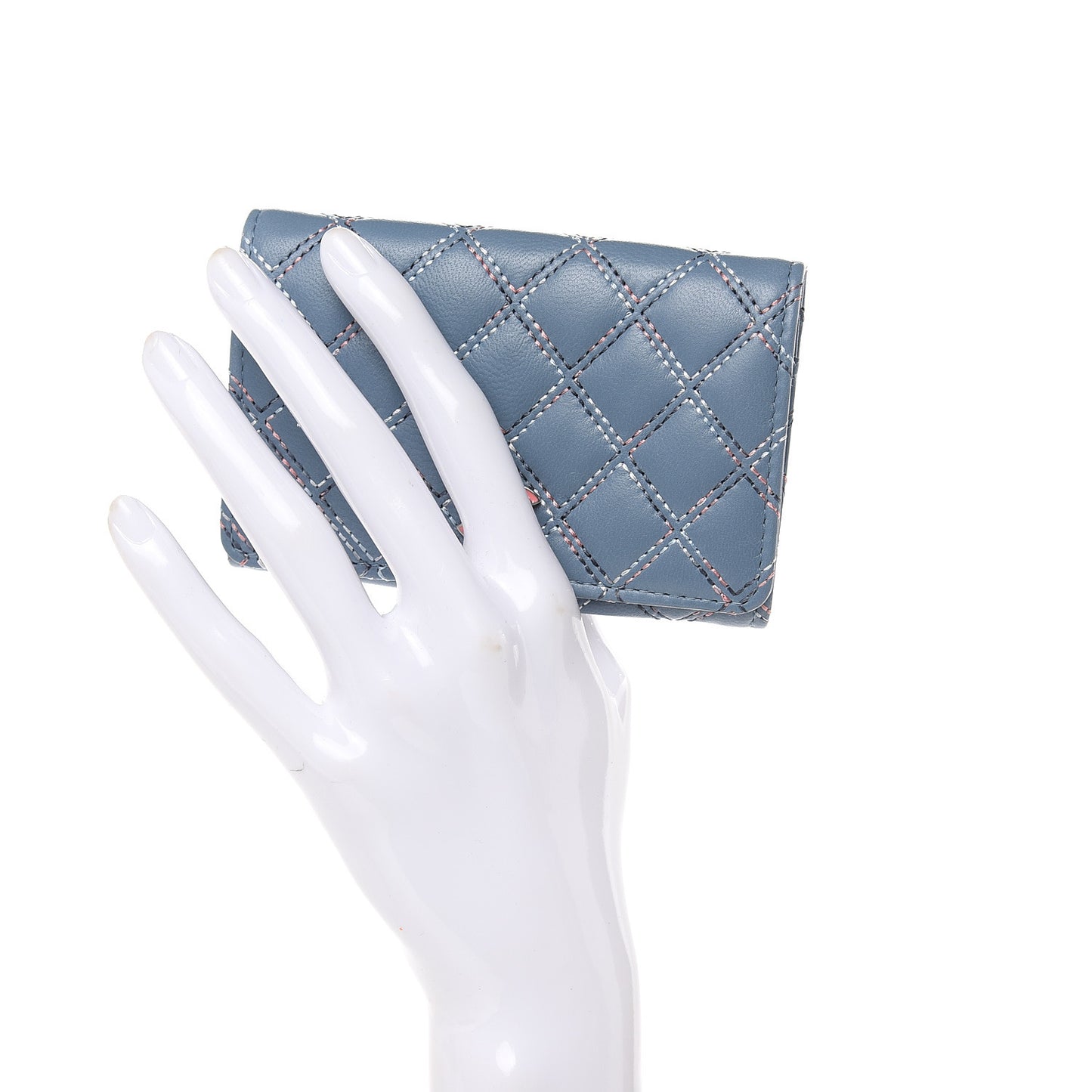 Lambskin Double Stitch Quilted Flap Card Holder Light Blue