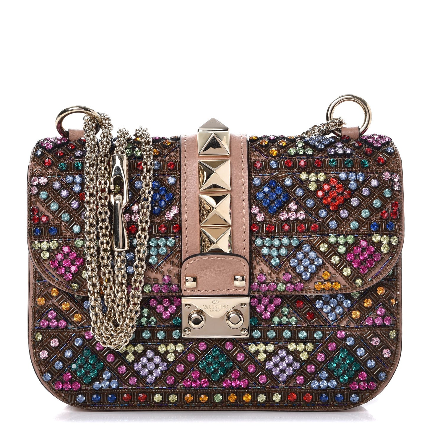 Vitello Crystal Embellished Small Glam Lock Rockstud Flap Multicolor