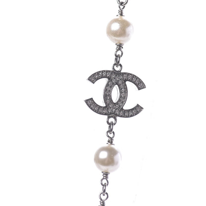 Chanel Graduated Pearl Crystal CC Long Necklace Silver 4 of 10