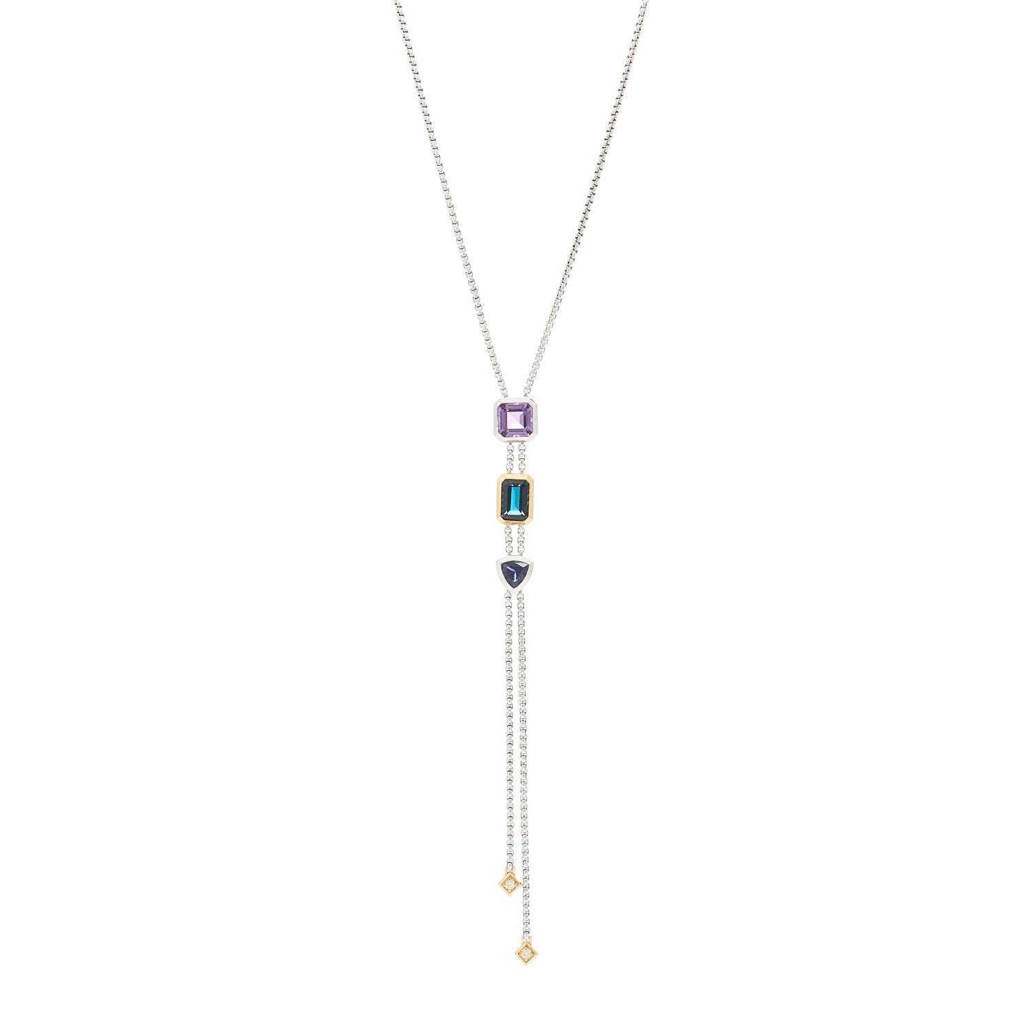 David Yurman Sterling Silver 18K Yellow Gold Diamond Amethyst Hampton Blue Topaz Iolite Novella Y Necklace 1 of 5
