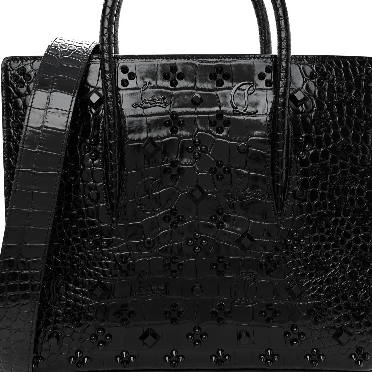 Christian Louboutin Calfskin Crocodile Embossed Studded Medium Paloma S Black 8 of 10