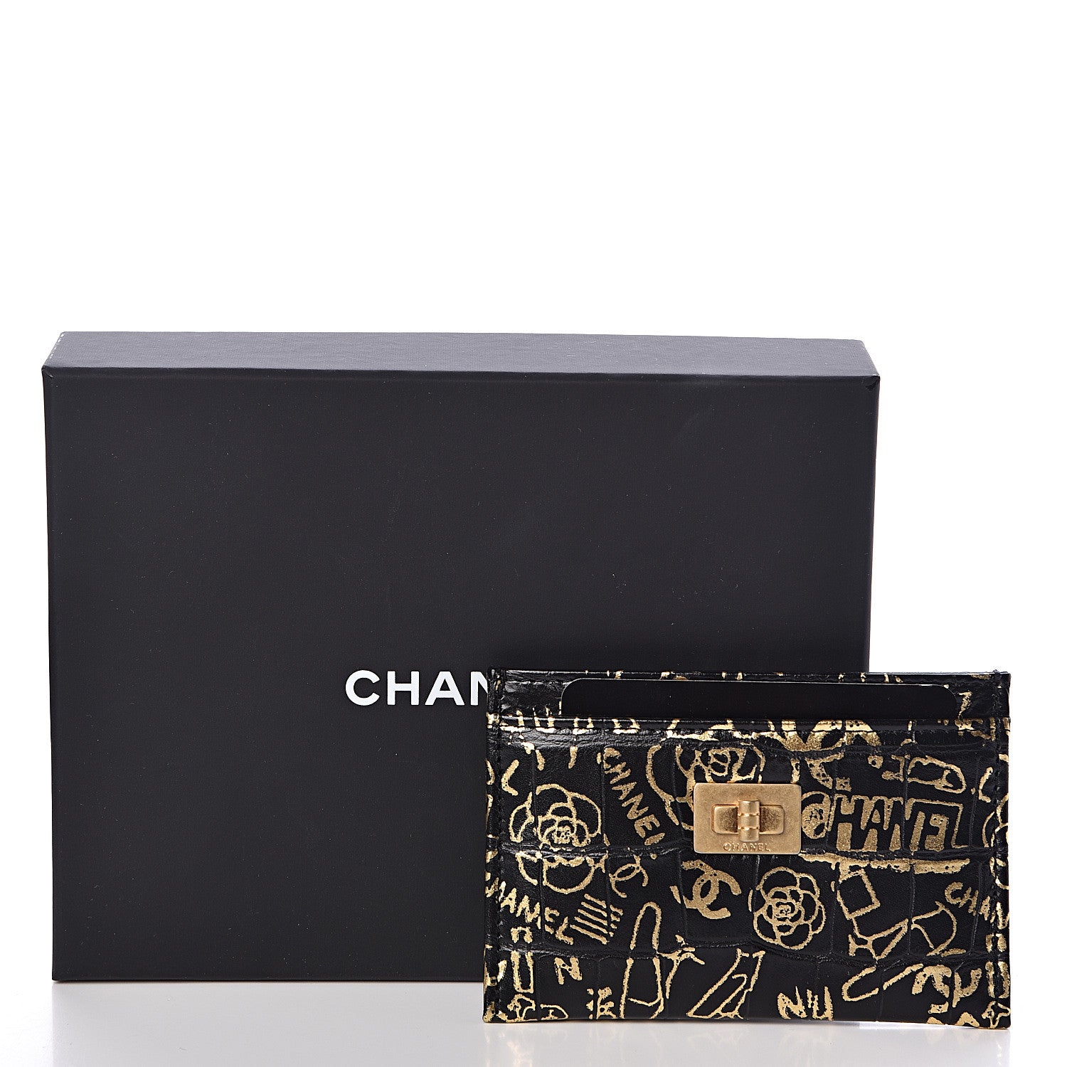 Chanel Calfskin Crocodile Embossed Graffiti 2.55 Cocodile Reissue Card Holder Black Gold 9 of 9