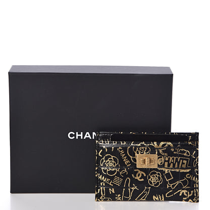 Chanel Calfskin Crocodile Embossed Graffiti 2.55 Cocodile Reissue Card Holder Black Gold 9 of 9