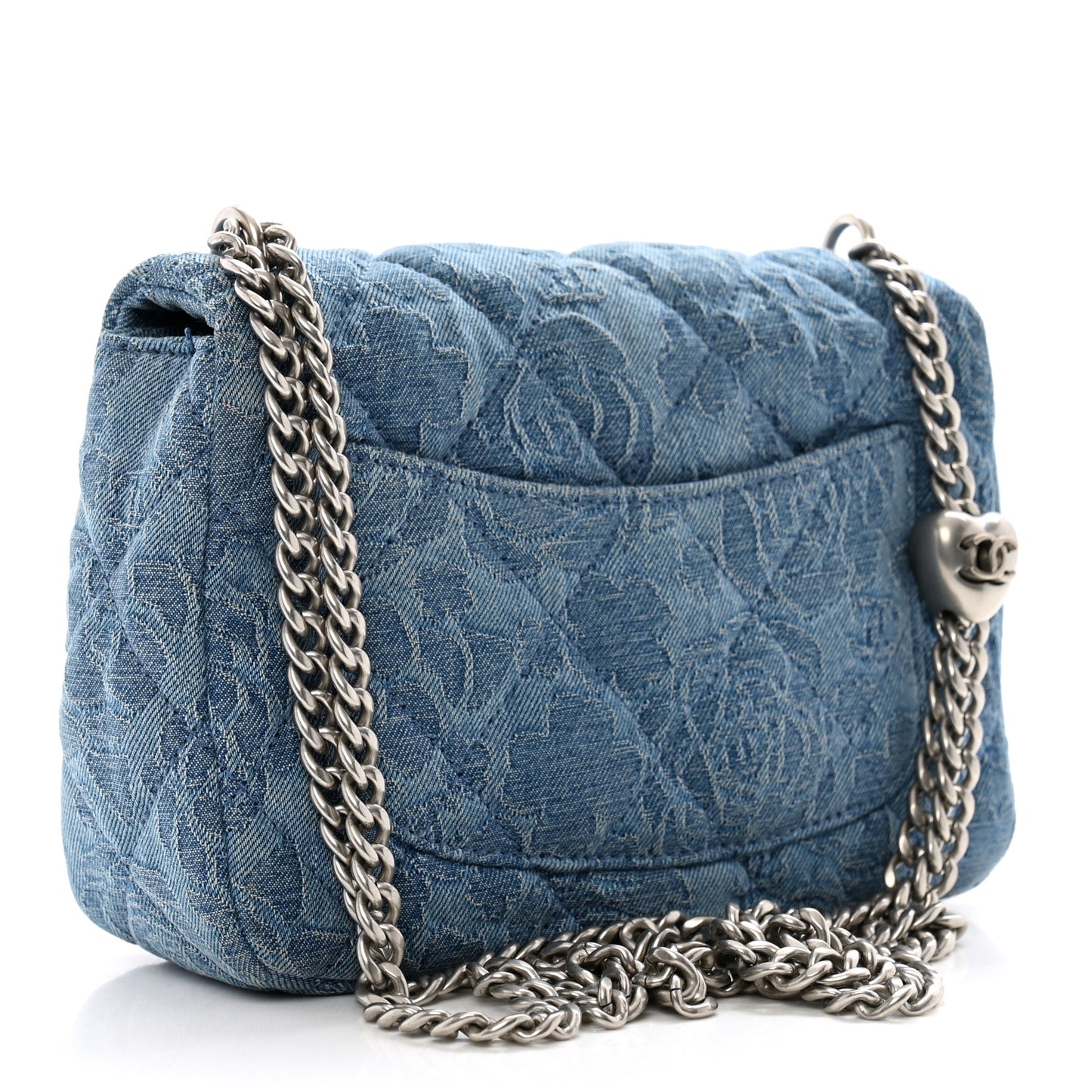 Denim Quilted Camellia Sweetheart Mini Flap Blue