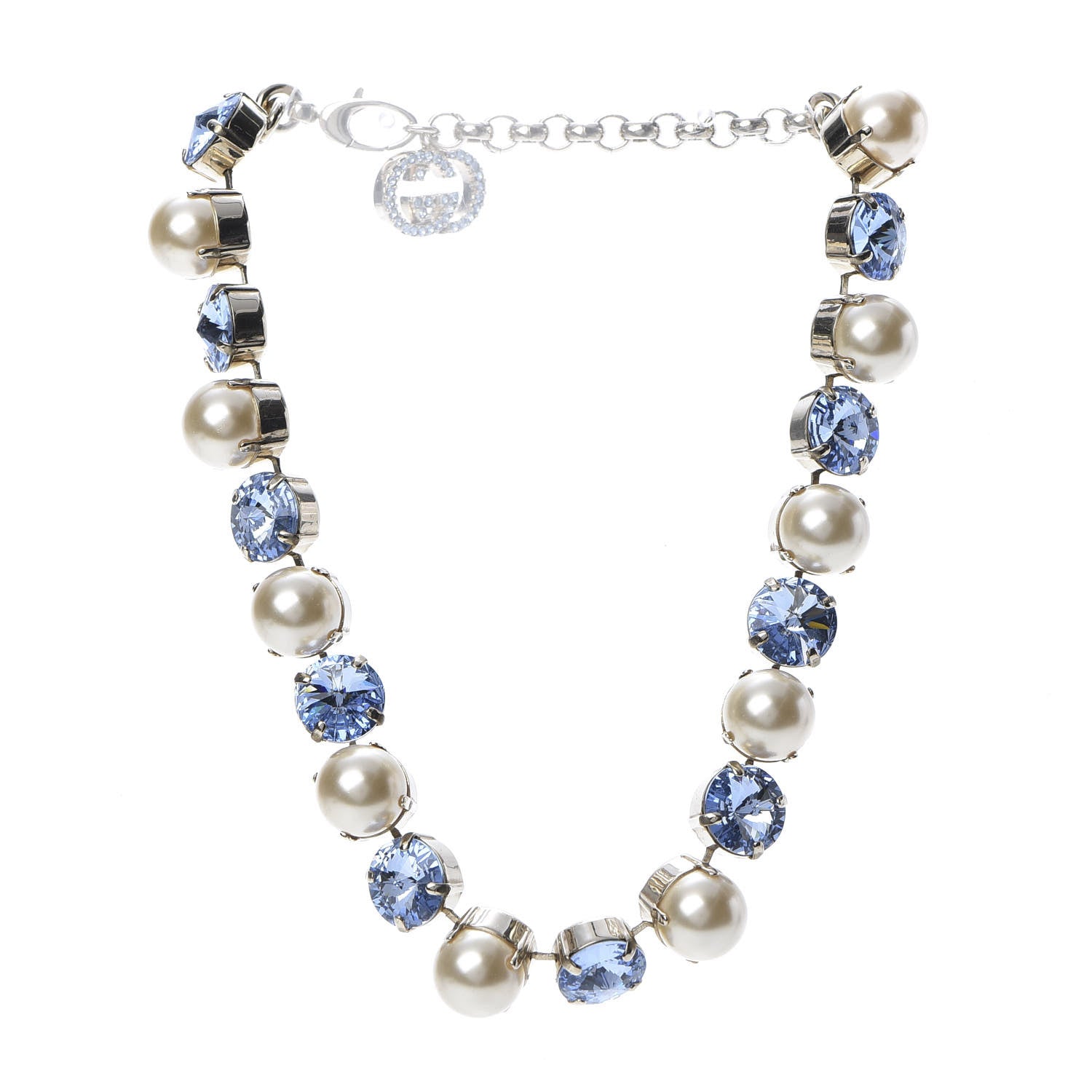 Gucci Crystal Pearl Necklace Aged Gold Blue 3 of 4