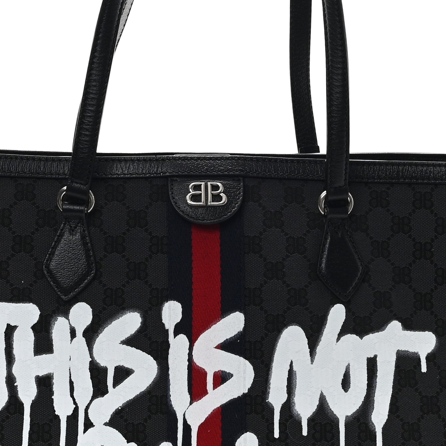 X BALENCIAGA BB Monogram Web Graffiti Medium Ophidia Shopping Tote Black