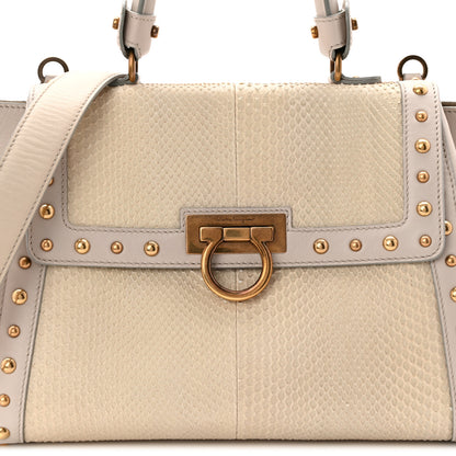 Salvatore Ferragamo Snakeskin Studded Medium Sofia Satchel Beige White 7 of 9