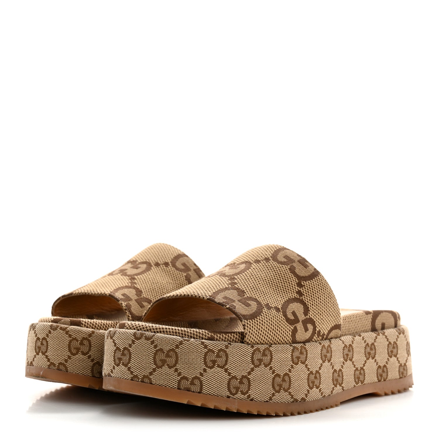 Gucci Monogram Maxi GG Angelina Platform 55mm Slide Sandals 38.5 Camel Ebony 4 of 10