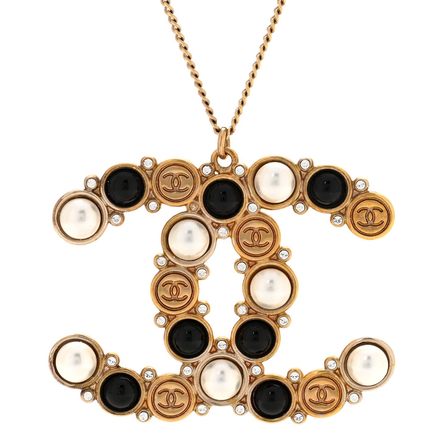 Crystal Pearl CC Chain Necklace Gold Black