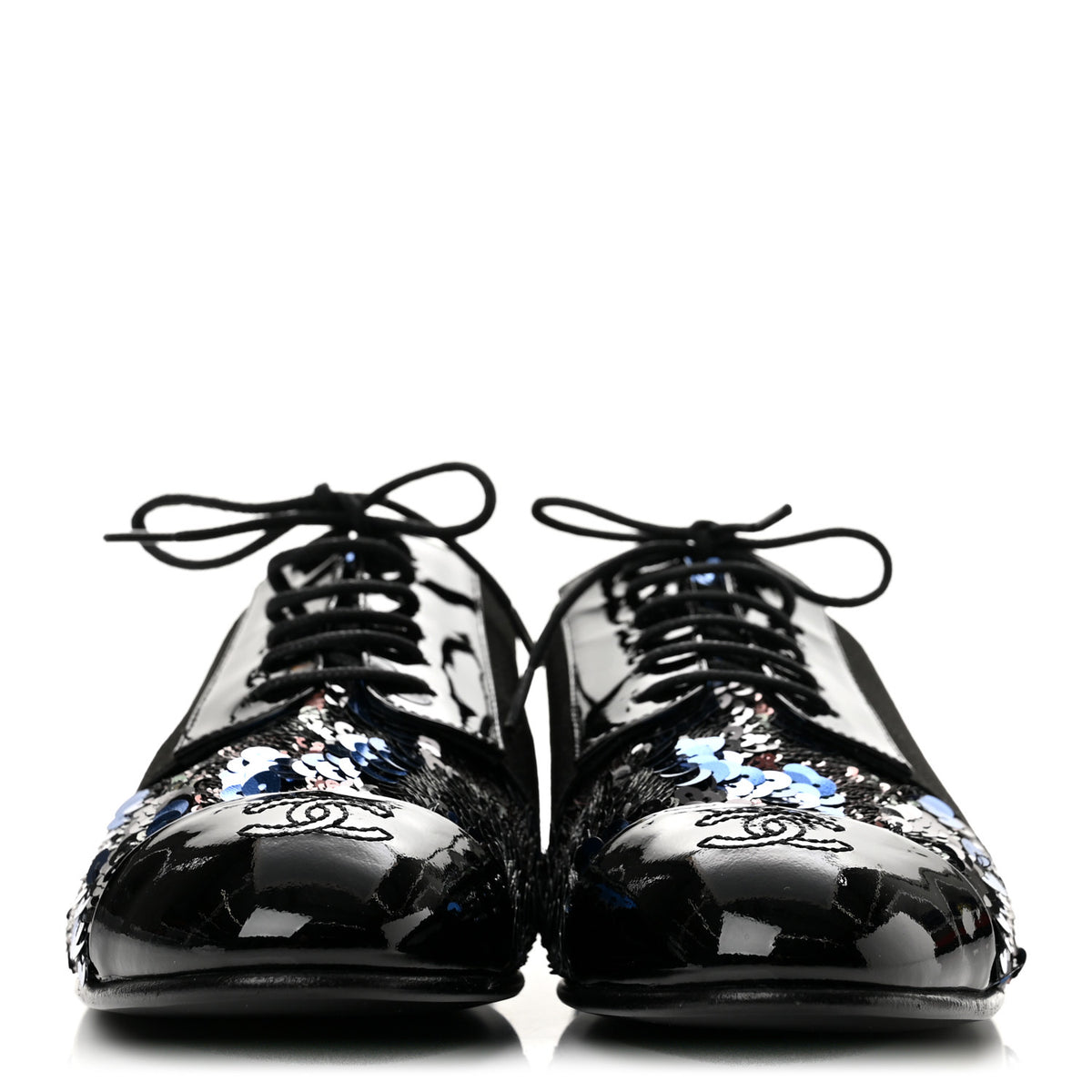 Chanel Patent Calfskin Sequin CC Cap Toe Womens Lace Up Oxfords 37.5 Blue Black 3 of 9