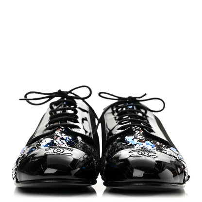 Chanel Patent Calfskin Sequin CC Cap Toe Womens Lace Up Oxfords 37.5 Blue Black 3 of 9