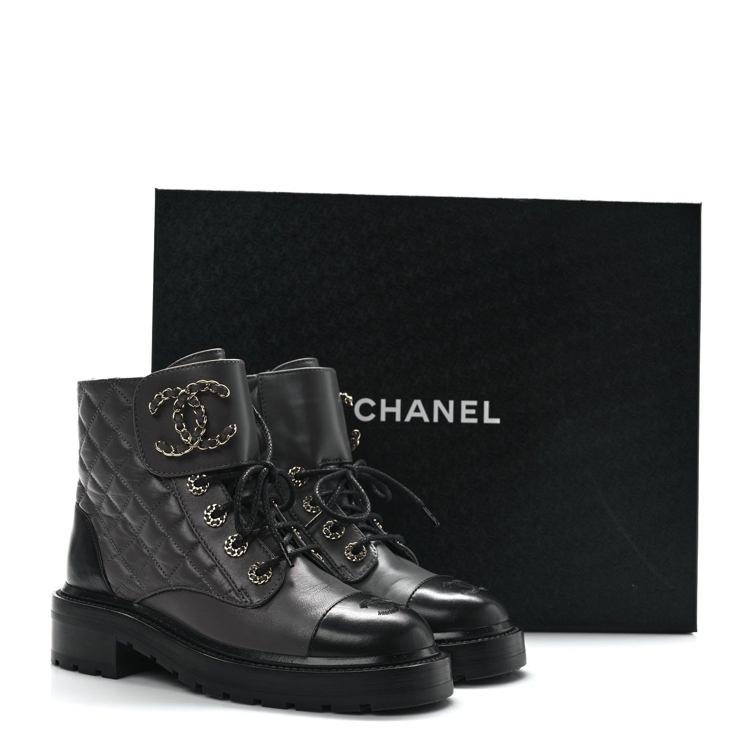 Chanel Shiny Lambskin Quilted Lace Up Combat Boots 36 Grey Black 11 of 11