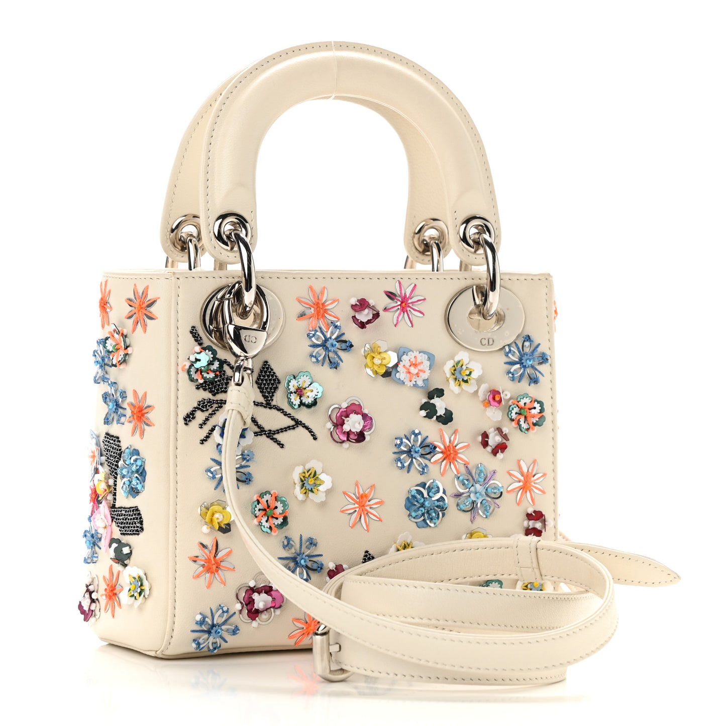 Calfskin Sequin Floral Embroidered Mini Lady Dior White Multicolor