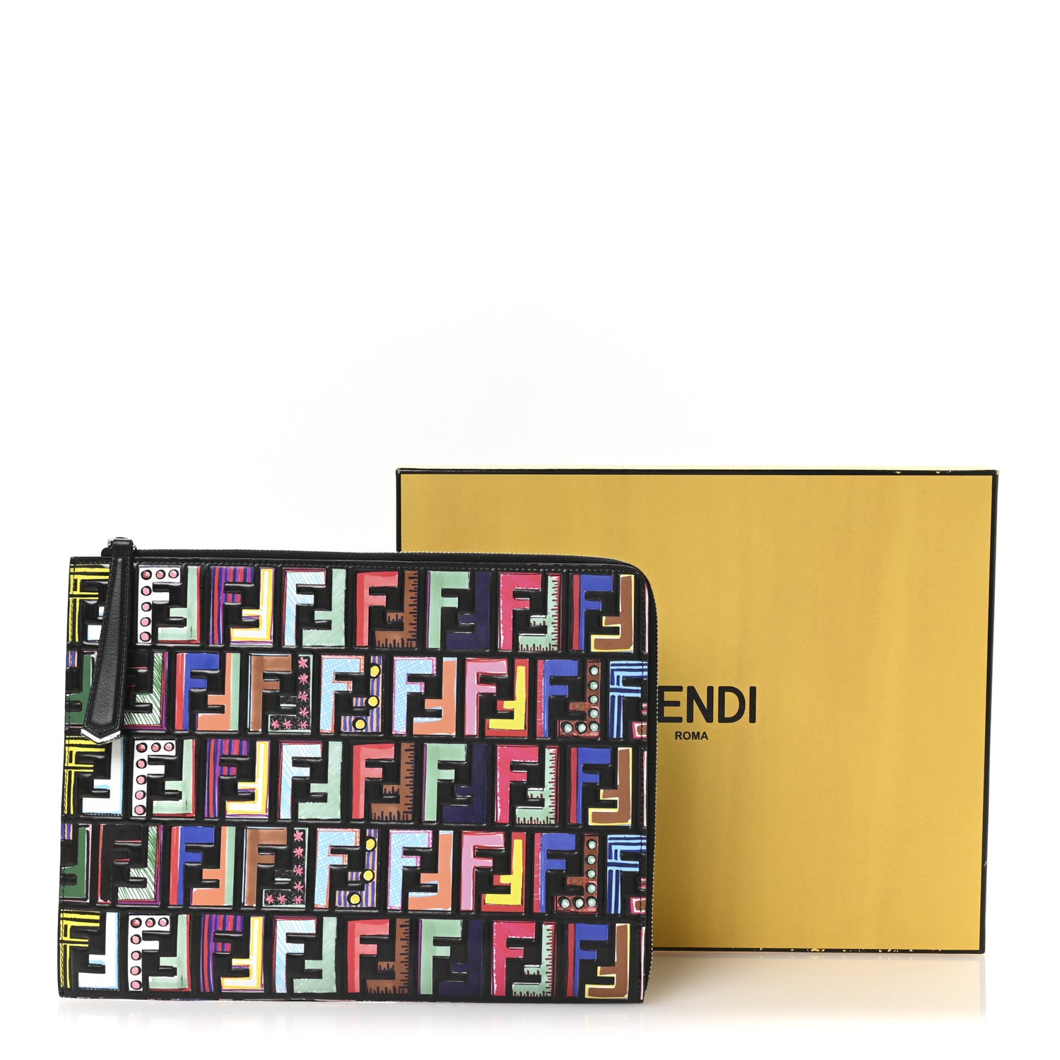 Fendi Vitello Dolce Fun Fair Embossed Zip Around Pouch Black Multicolor 8 of 8