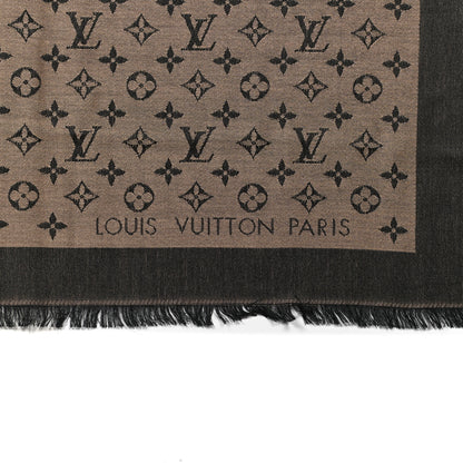 Louis Vuitton Wool Silk Monogram Denim Shawl Beige Black 2 of 3