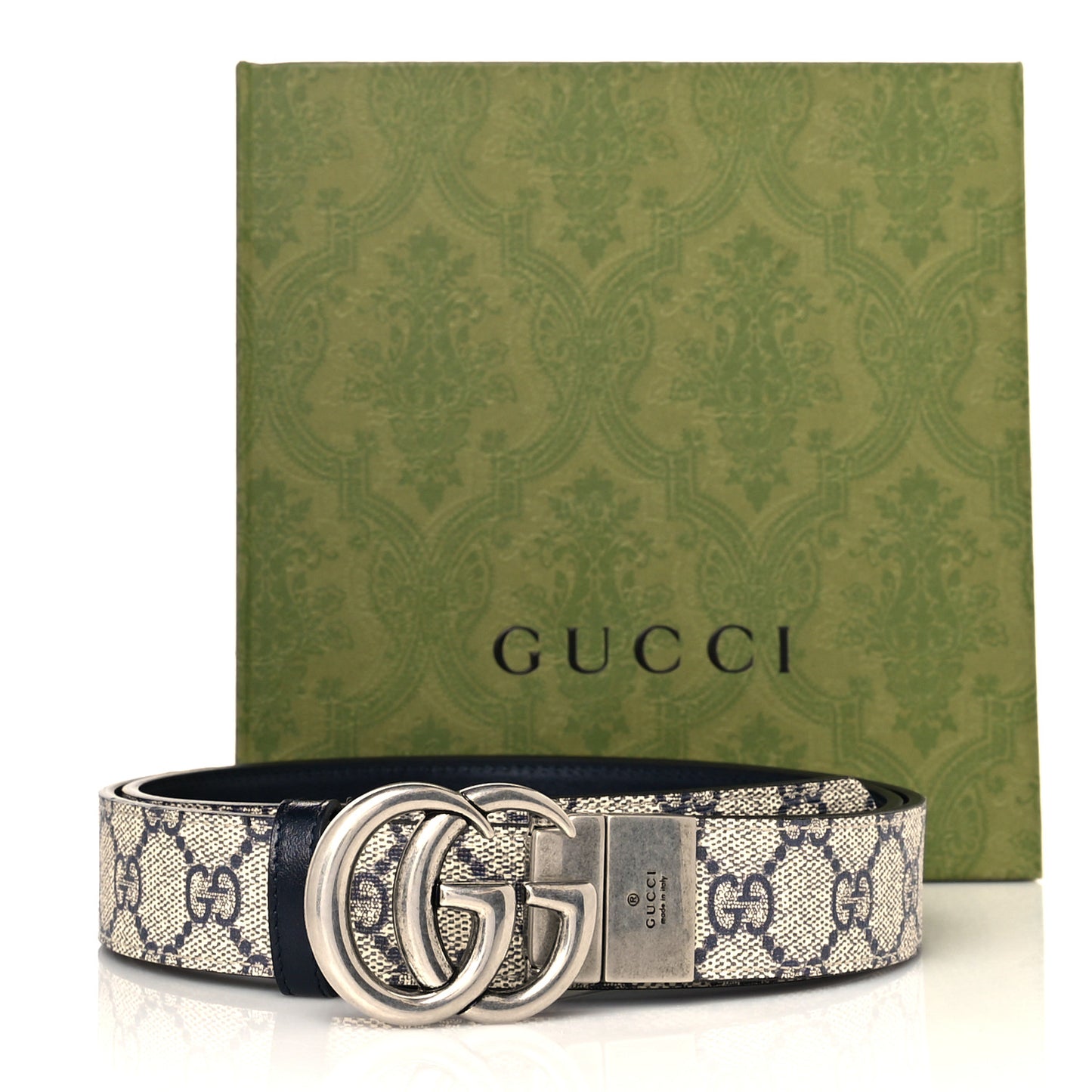 GG Supreme Monogram Plutone Calfskin Palladium Double G Reversible 30mm Belt 90 36 Beige Blue