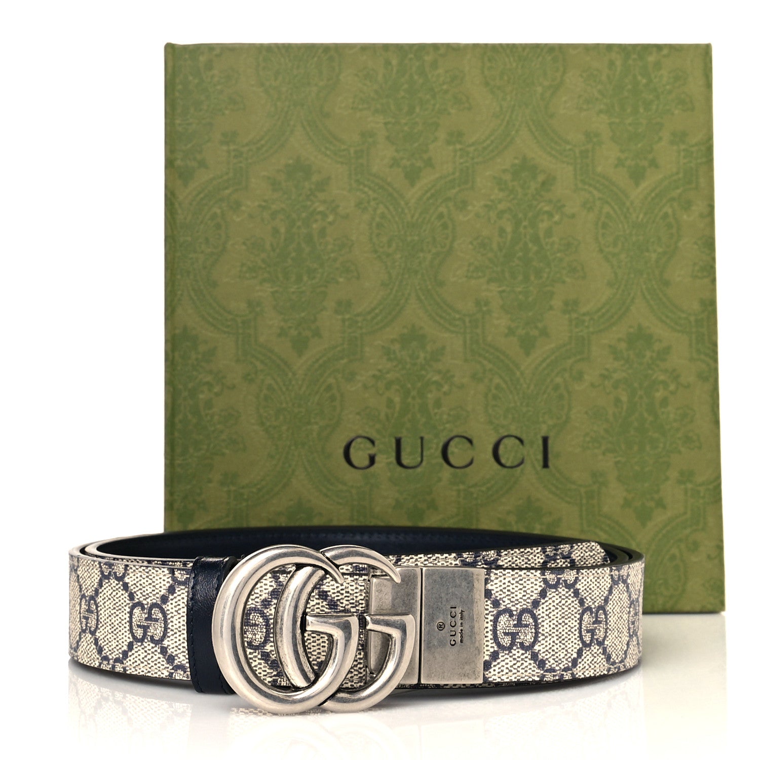 Gucci GG Supreme Monogram Plutone Calfskin Palladium Double G Reversible 30mm Belt 90 36 Beige Blue 7 of 7