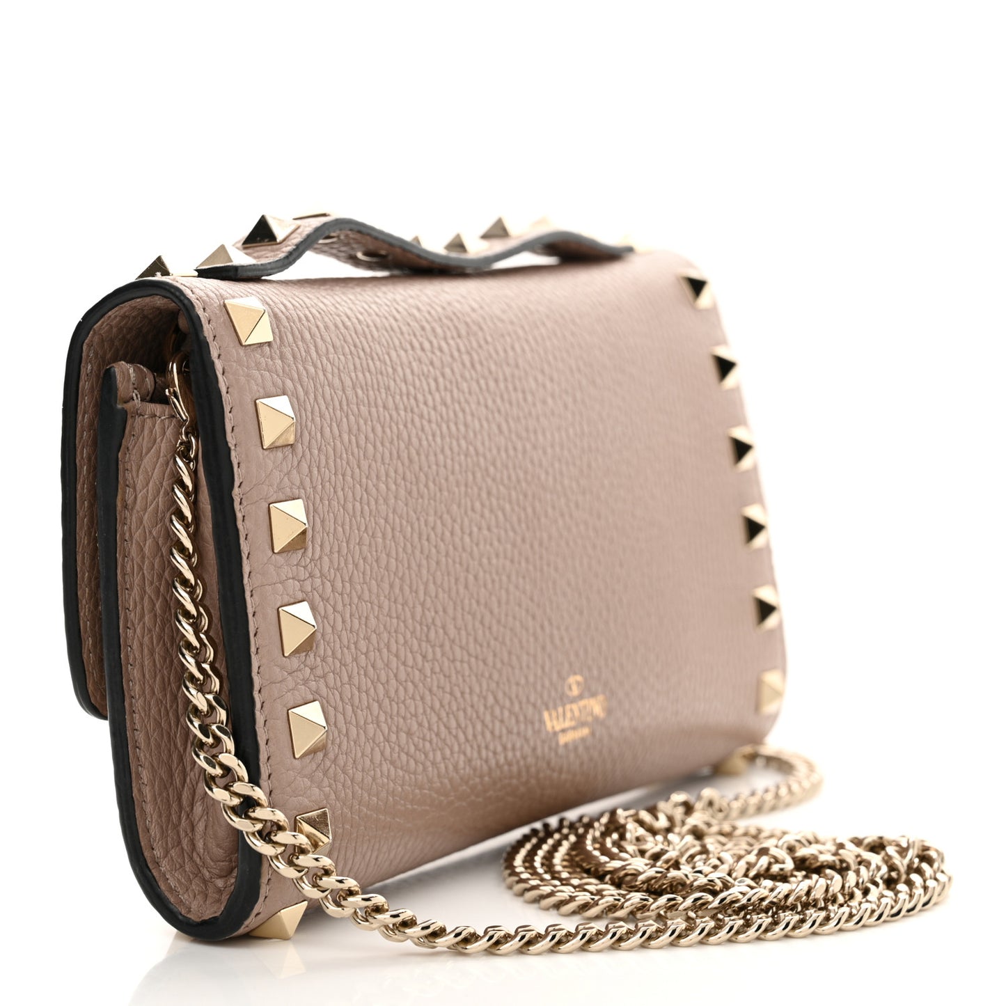Pebbled Calfskin Rockstud Flip Lock Wallet On Chain Poudre