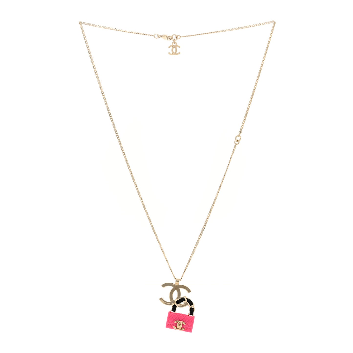 Metal Lambskin Resin CC Flap Bag Necklace Gold Black Pink