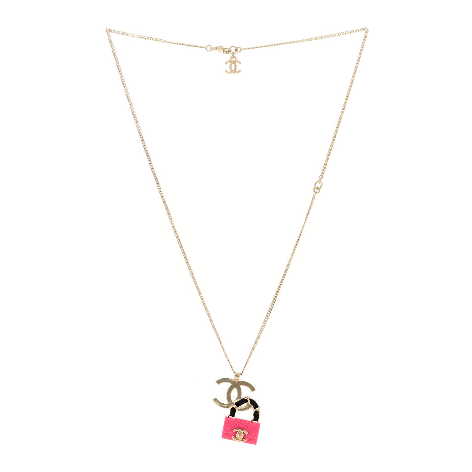 Chanel Metal Lambskin Resin CC Flap Bag Necklace Gold Black Pink 2 of 4