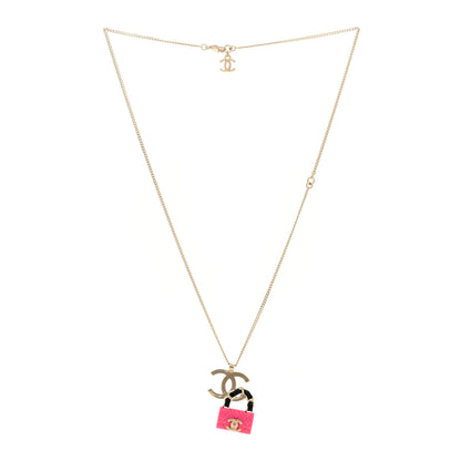 Chanel Metal Lambskin Resin CC Flap Bag Necklace Gold Black Pink 2 of 4
