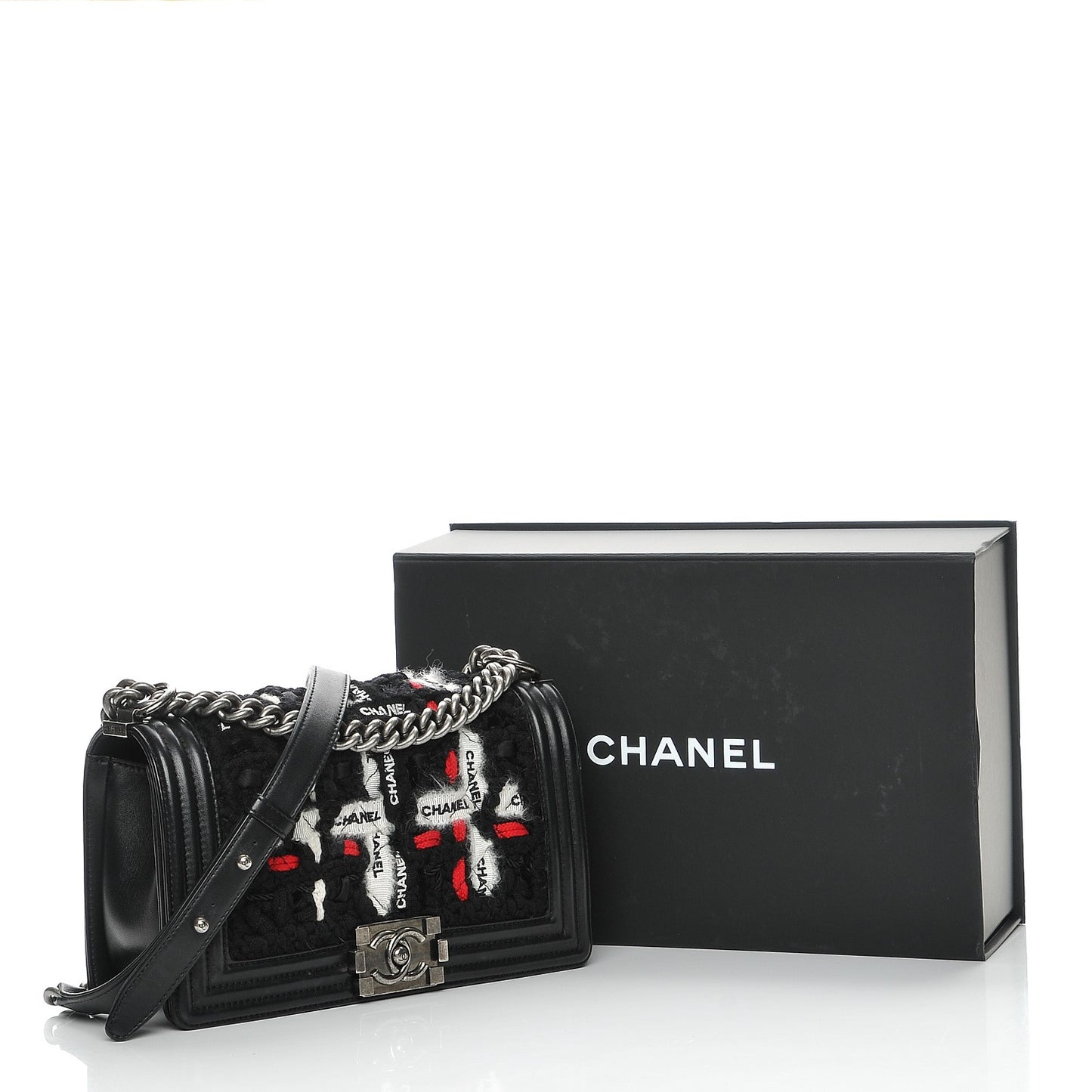 Lambskin Tweed Logo Embroidered Medium Boy Flap White Red Black