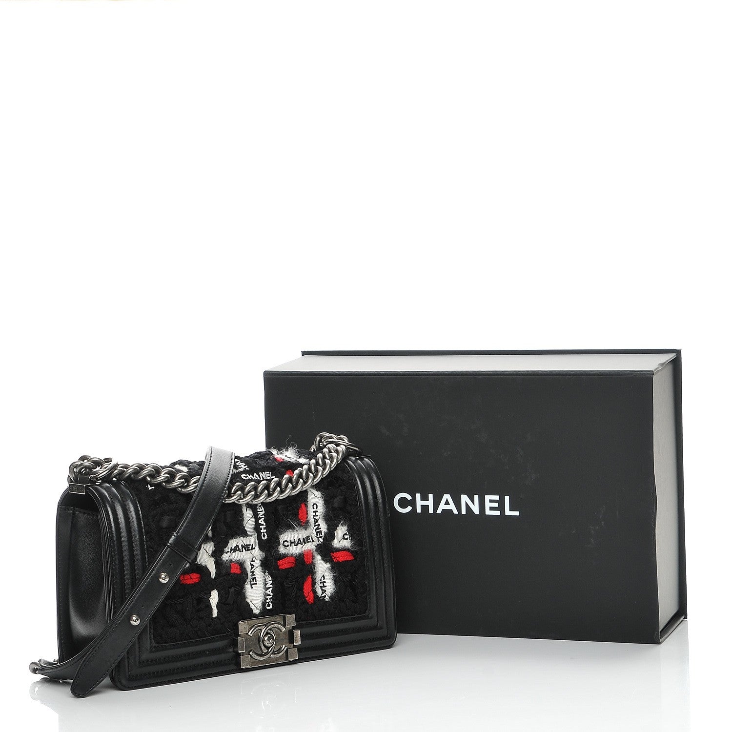 Chanel Lambskin Tweed Logo Embroidered Medium Boy Flap White Red Black 8 of 8