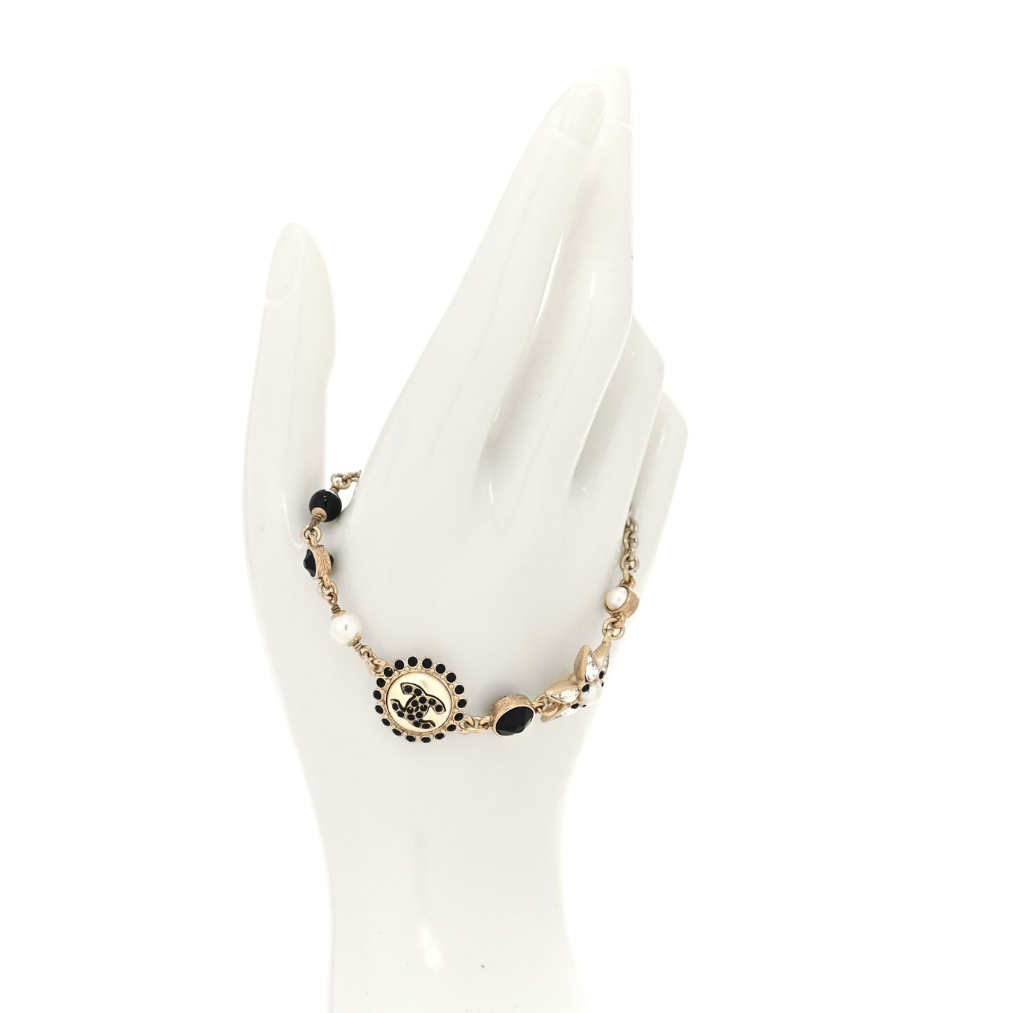 Pearl Crystal CC Charm Bracelet Black Gold