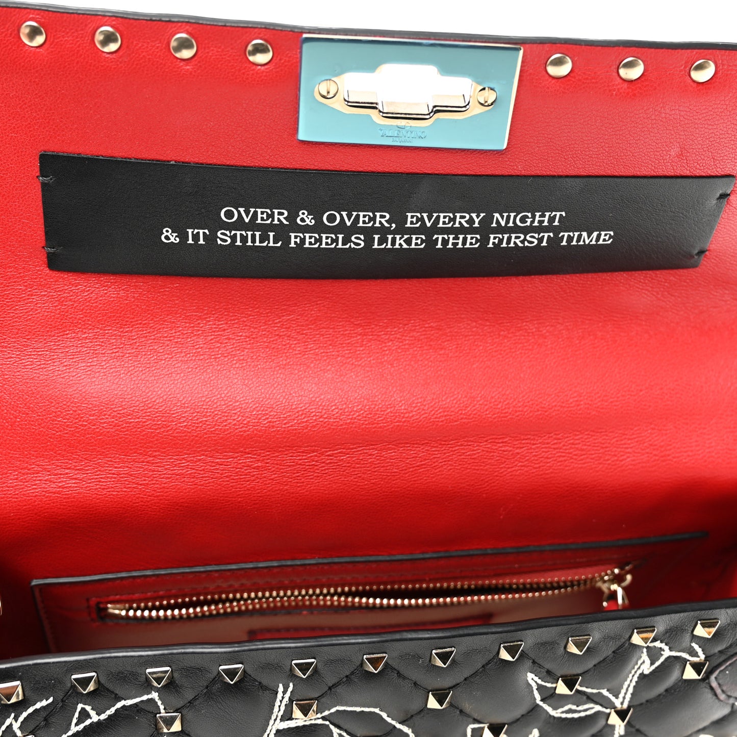 Nappa Embroidered Floral Medium Rockstud Spike Shoulder Bag Black Red