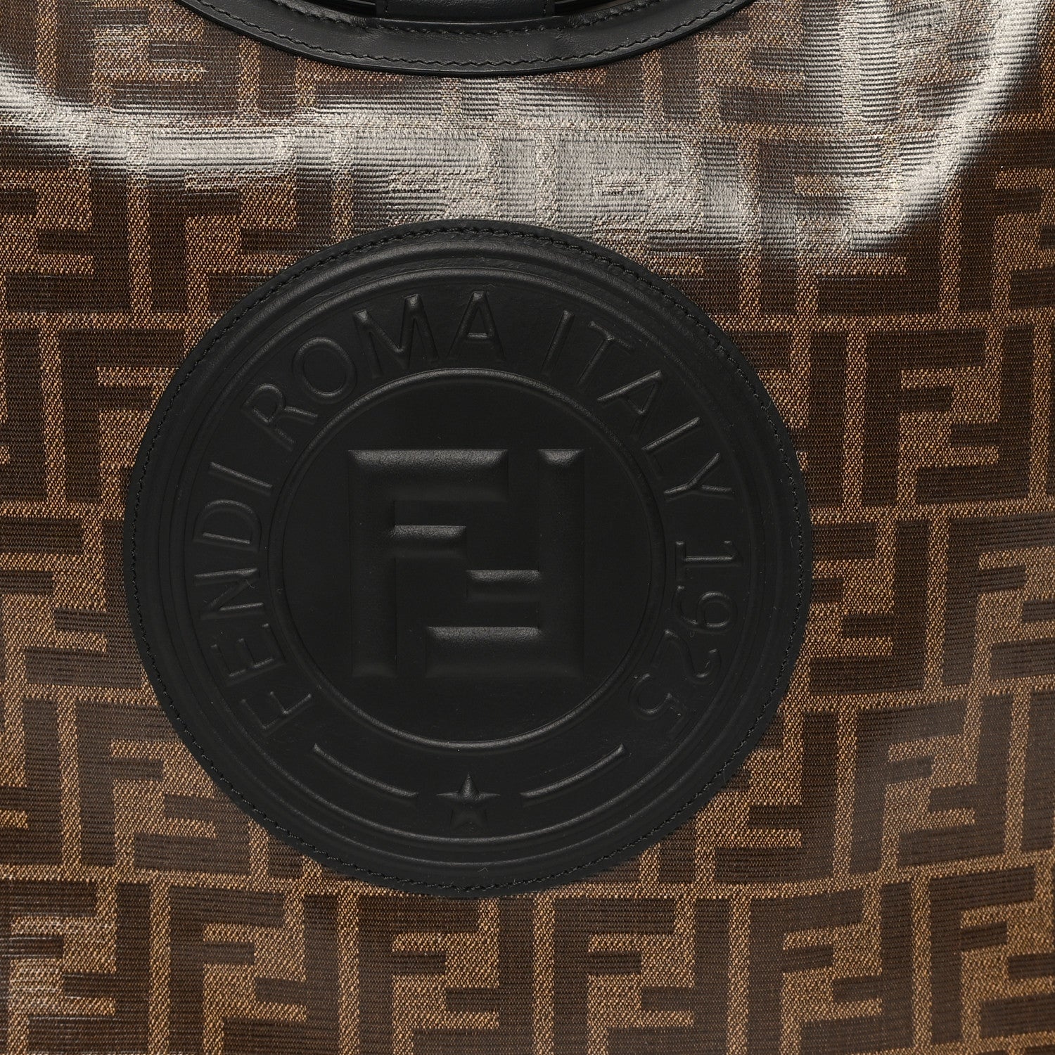 Fendi Glazed Fabric Vitello Century Plexiglass FF 1974 Stamp Patch Medium Runaway Shopper Tote Mogano Panna Black 8 of 12