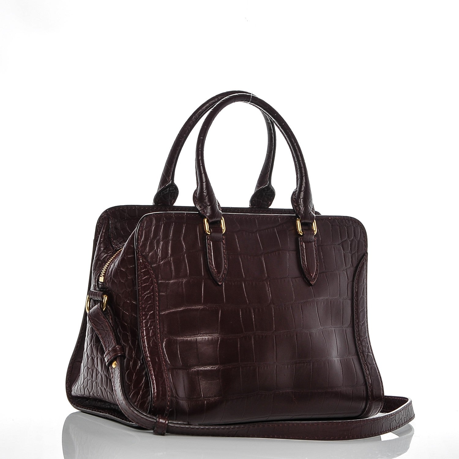 Alexander McQueen Calfskin Crocodile Embossed Small Skull Padlock Zip Around Tote Bordeaux 3 of 6