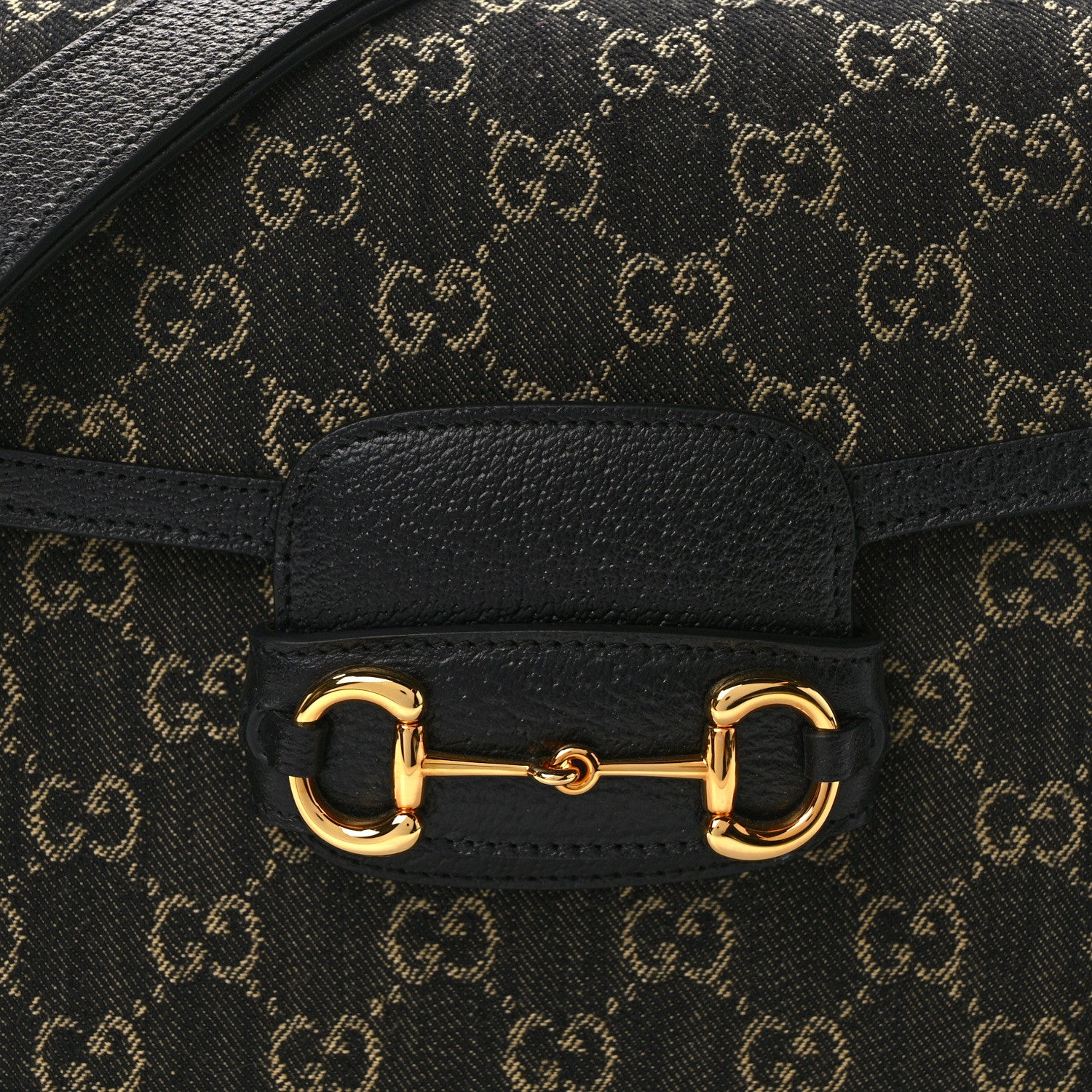 Gucci Jacquard Black Denim GG Monogram Textured Dollar Calfskin Horsebit 1955 Shoulder Bag Black Ivory 8 of 13