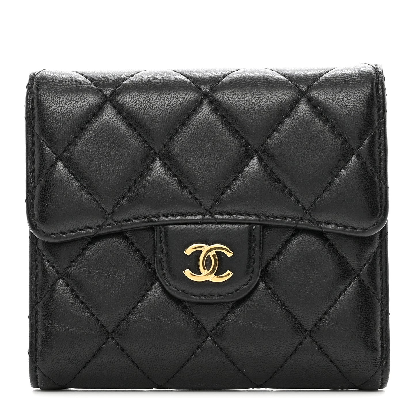 Lambskin Quilted Compact Flap Wallet Black