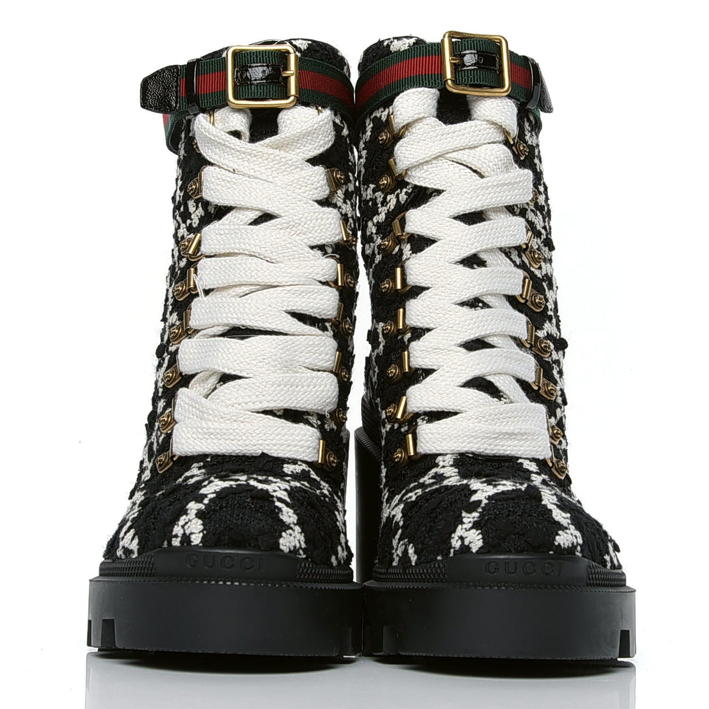 Tweed GG Monogram Lace Up Combat Ankle Boots 38.5 Black
