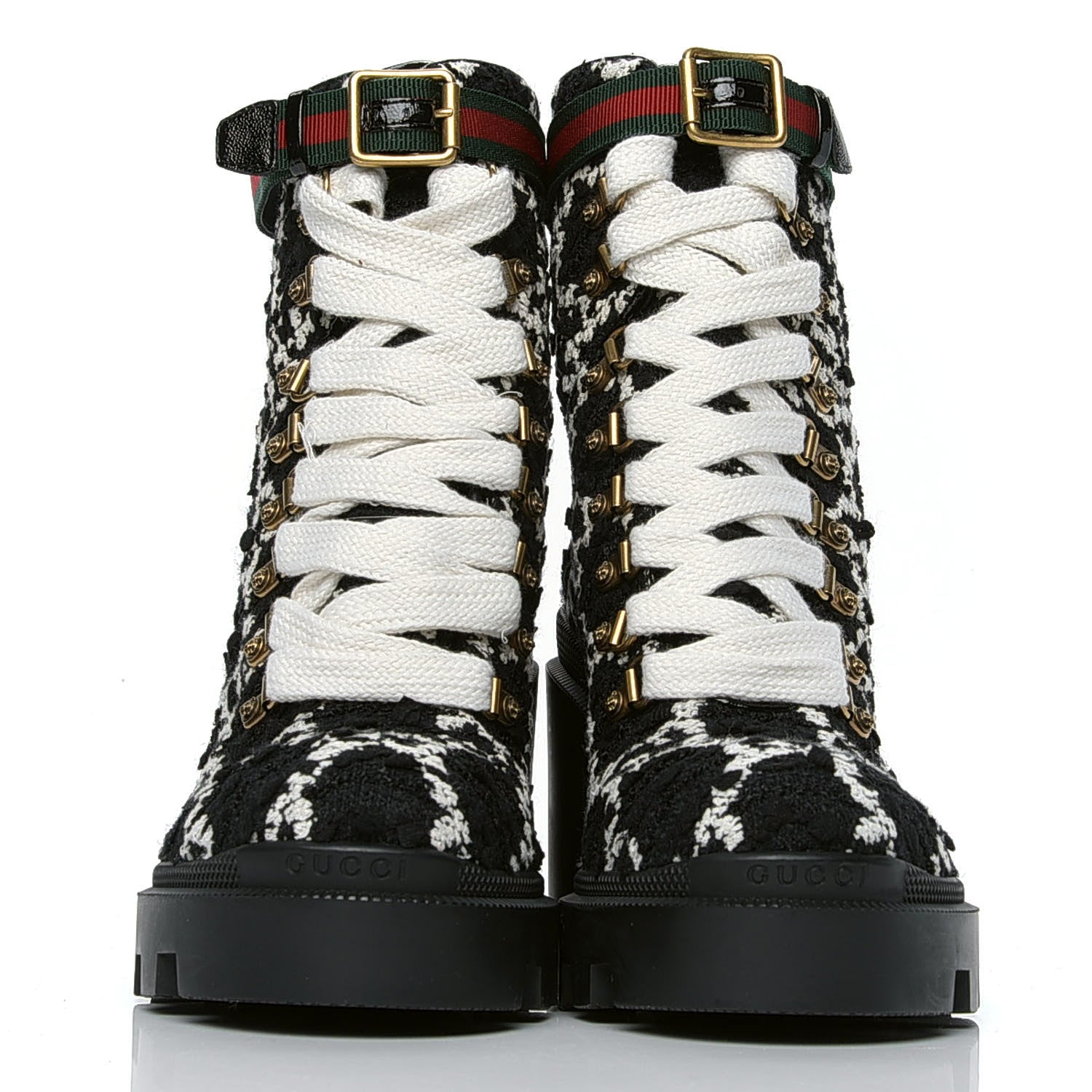 Gucci Tweed GG Monogram Lace Up Combat Ankle Boots 38.5 Black 2 of 4