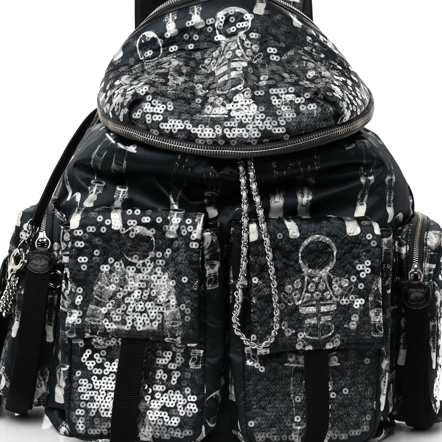 Chanel Sequin Nylon Lambskin Astronaut Essentials Backpack Black White 9 of 13