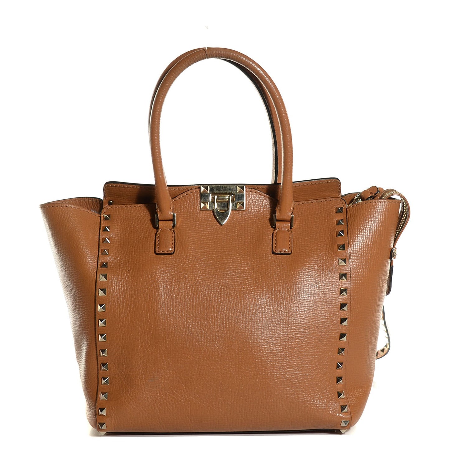 Textured Calfskin Rockstud Double Handle Tote Tan