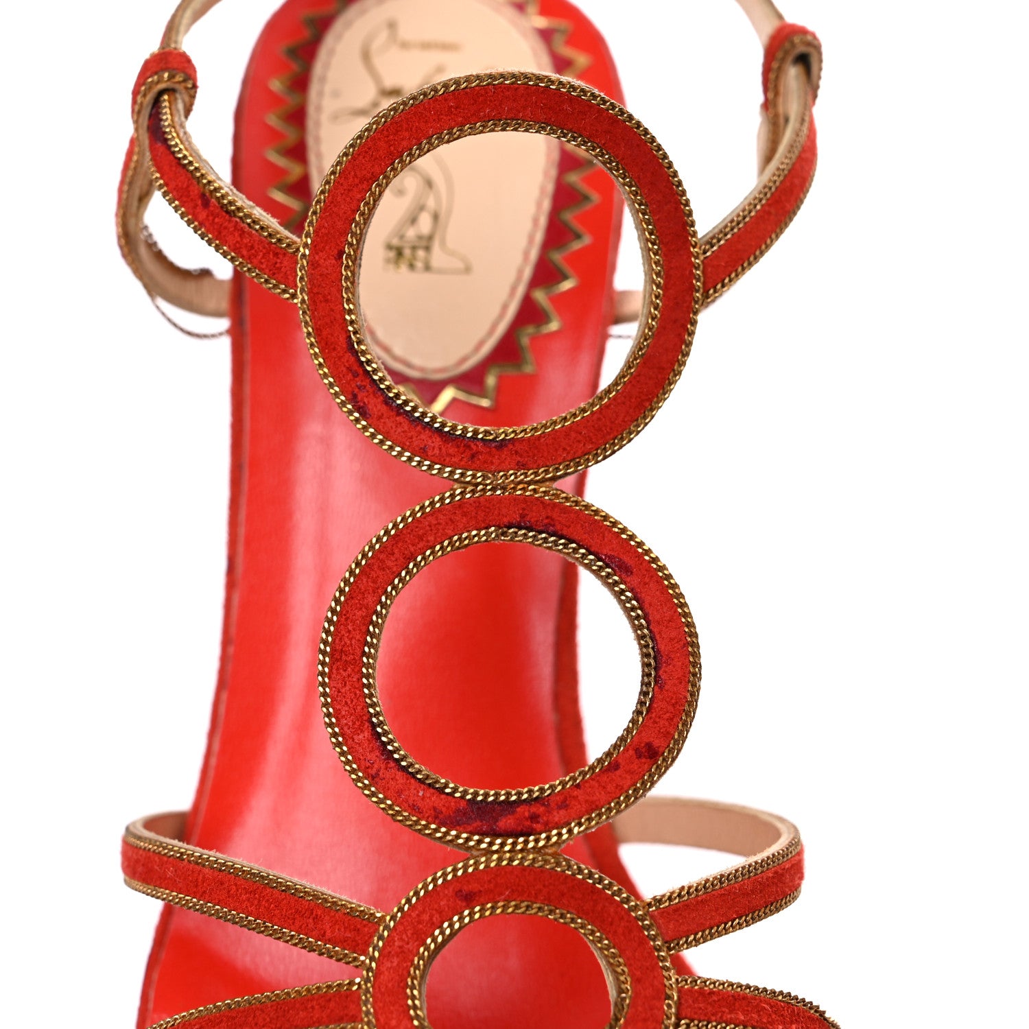 Christian Louboutin Veau Velours 20 Ans Chain Troisronds 140 Sandals 36.5 Mandarin Red Gold 17 of 25