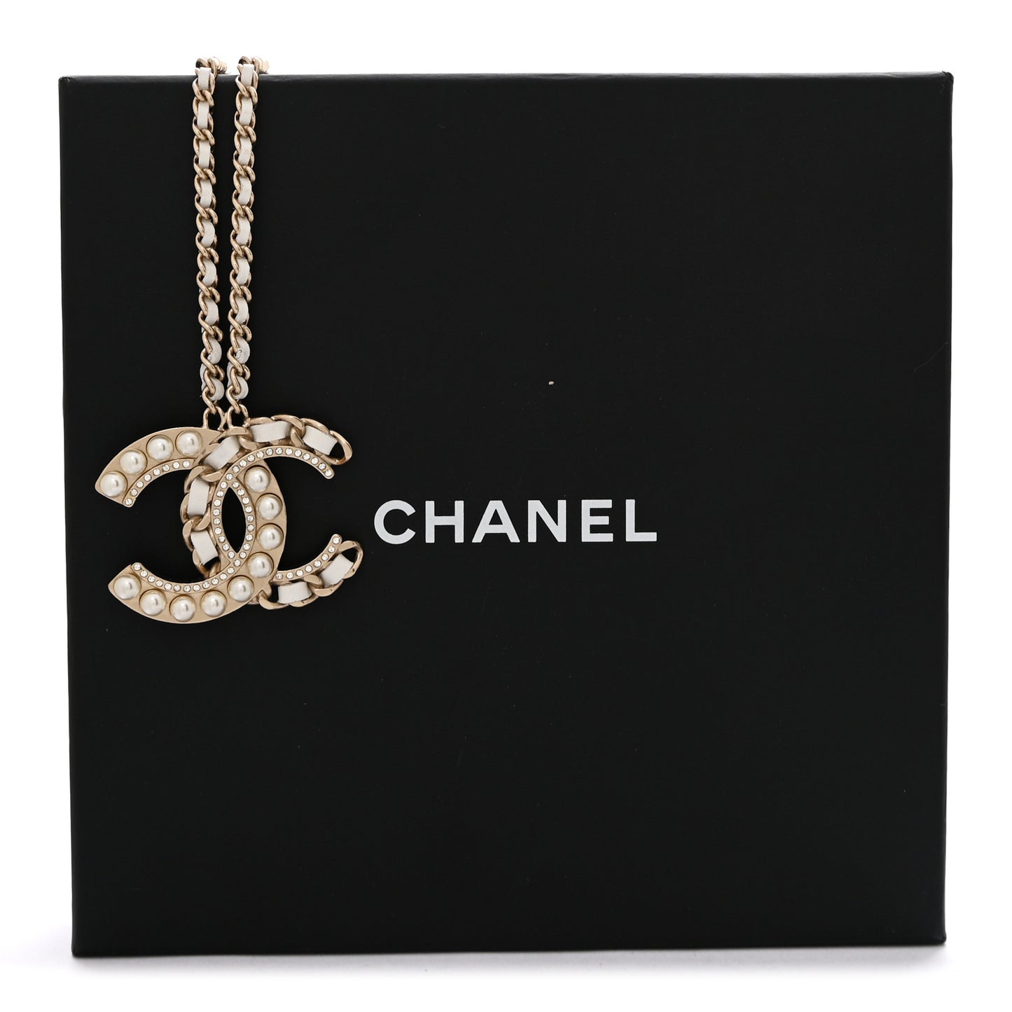 Pearl Crystal Lambskin Chain CC Necklace White Gold