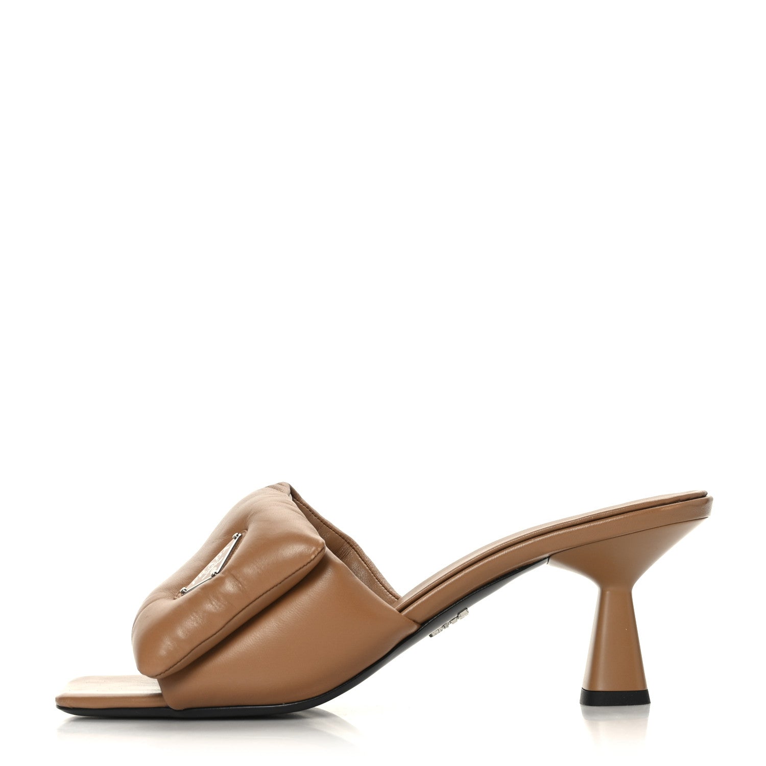 Prada Nappa Soft Padded Metal Triangle Logo 65mm Slide Sandals 40 Caramel 1 of 7