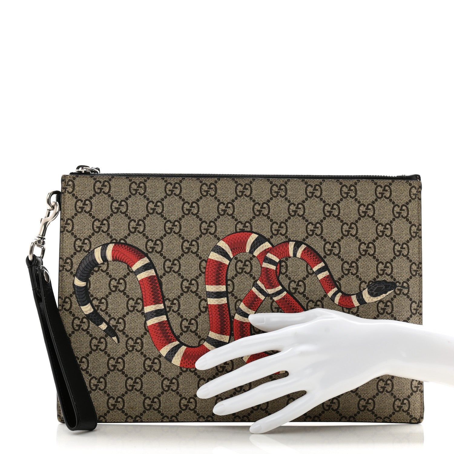 Gucci GG Supreme Monogram Kingsnake Zip Wristlet Pouch Beige Black 2 of 13