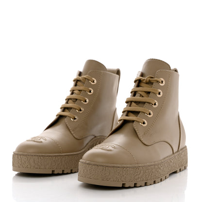 Chanel Calfskin CC Turnlock Lace Up Boots 40 Beige 3 of 12
